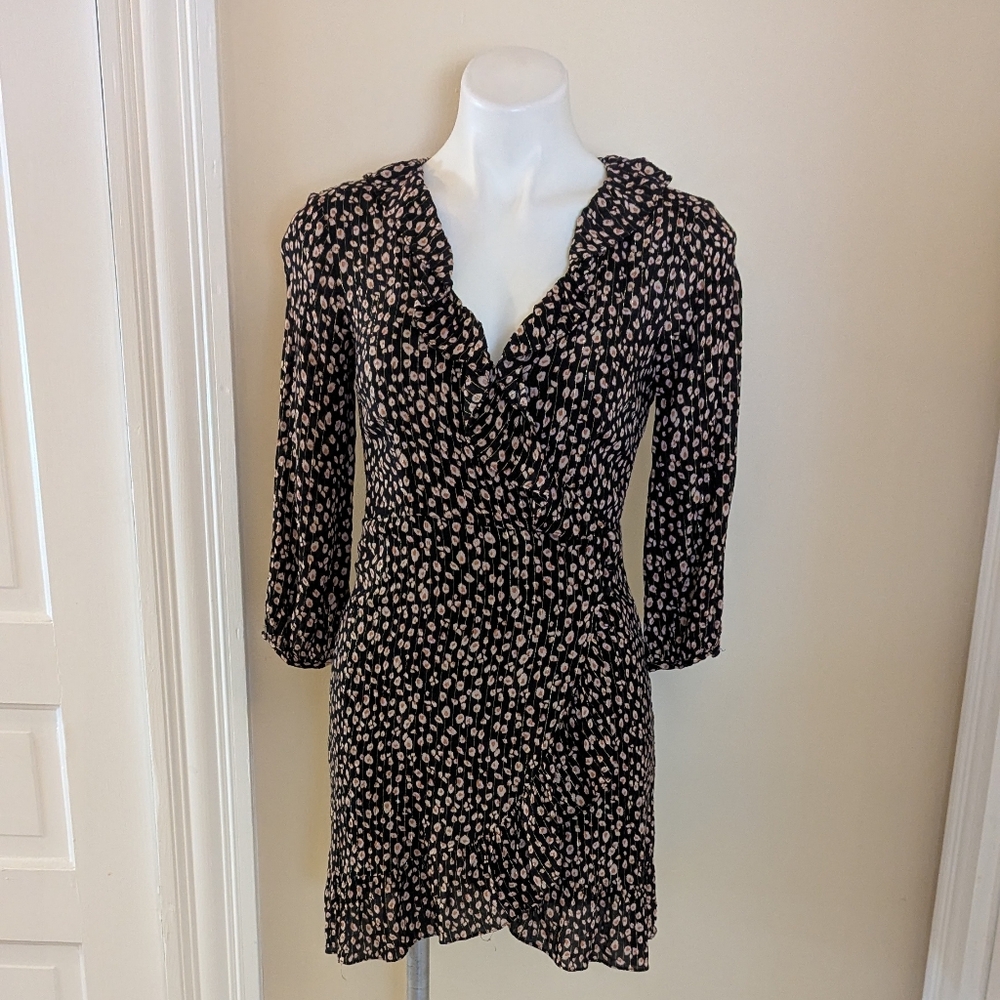 Lulus black with gold thread floral print ruffle wrap dress size S